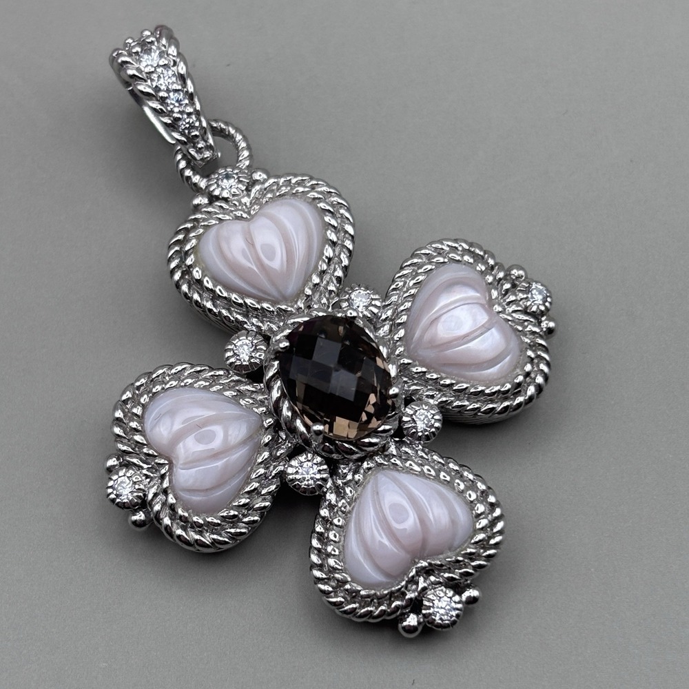 Judith Ripka Maltese Cross Pendant Sterling Silver Mother of Pearl Smoky Quartz